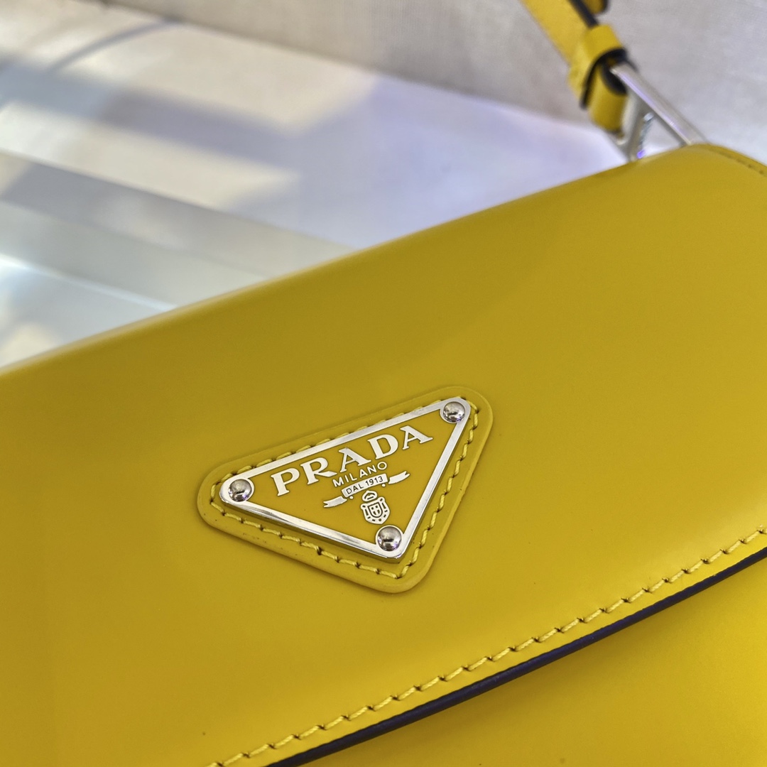 Prada Cleo Brushed Leather Shoulder Bag With Flap Yellow 1BD303